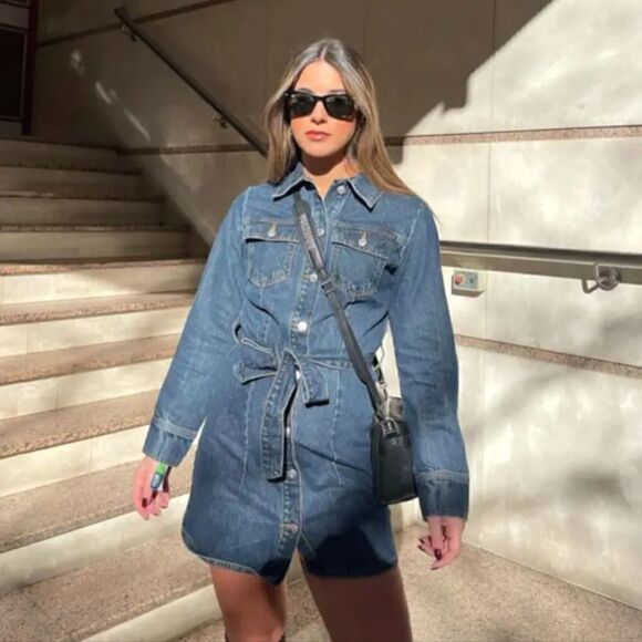ZARA DENIM MINI DRESS LONG SLEEVE - Picture 1 of 16